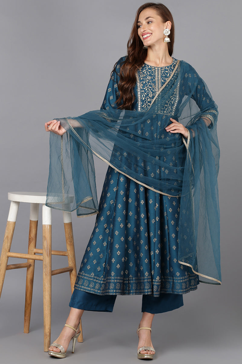 Blue Silk Blend Anarkali Kurta Pant With Dupatta PKSKD1775