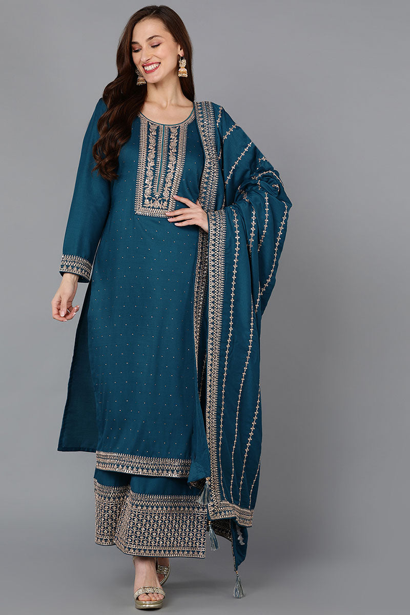 Teal Silk Blend Straight Kurta Palazzo With Dupatta PKSKD1861