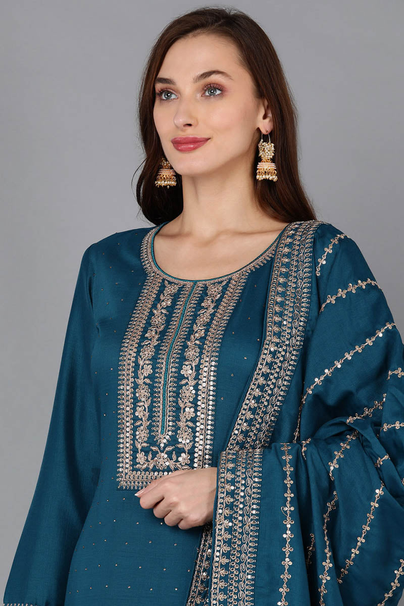 Teal Silk Blend Straight Kurta Palazzo With Dupatta PKSKD1861