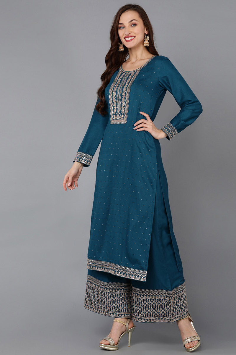 Teal Silk Blend Straight Kurta Palazzo With Dupatta PKSKD1861