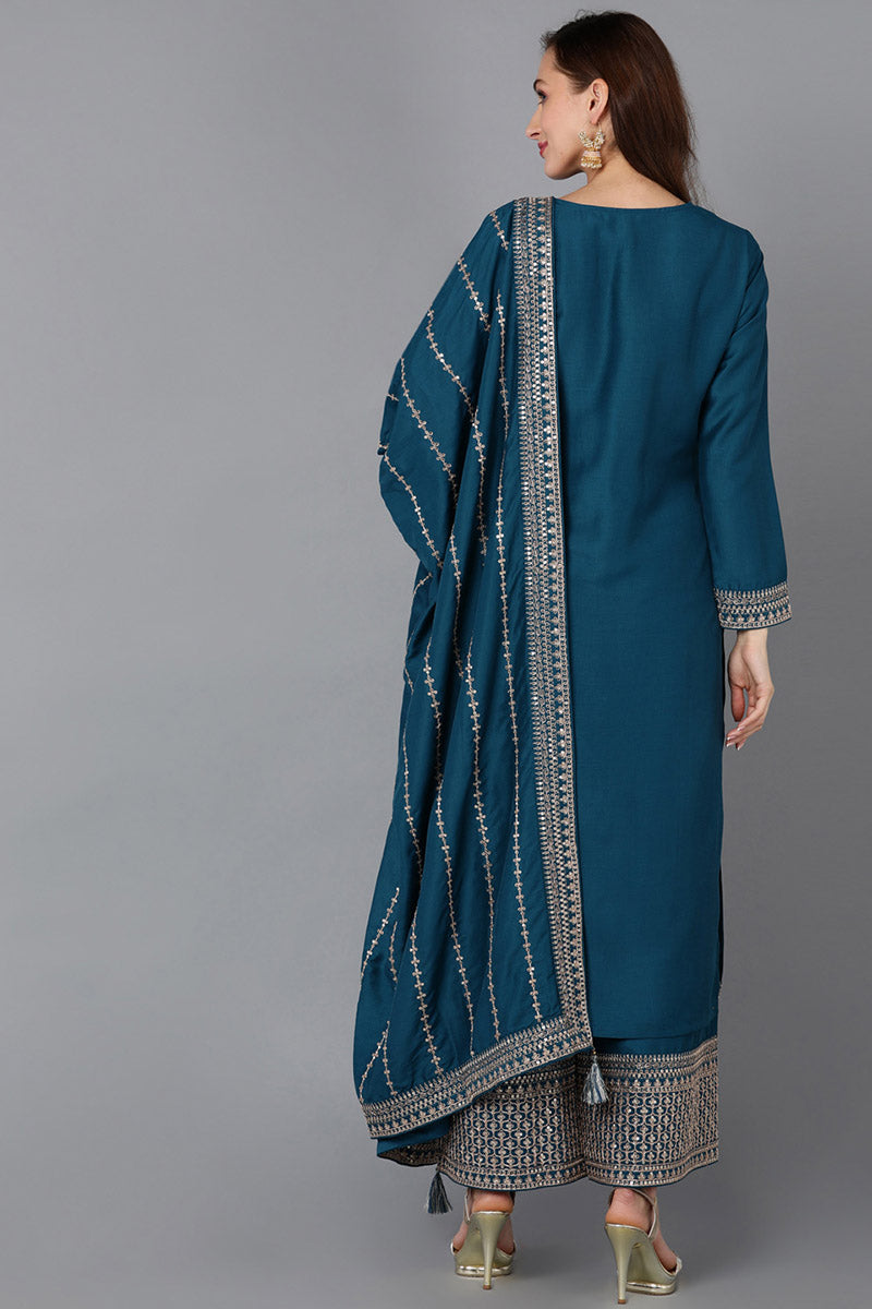 Teal Silk Blend Straight Kurta Palazzo With Dupatta PKSKD1861