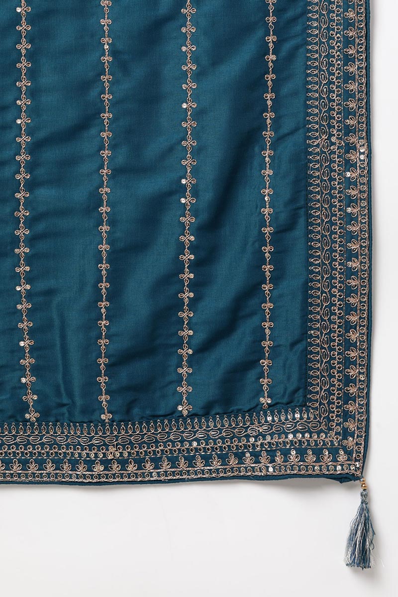 Teal Silk Blend Straight Kurta Palazzo With Dupatta PKSKD1861