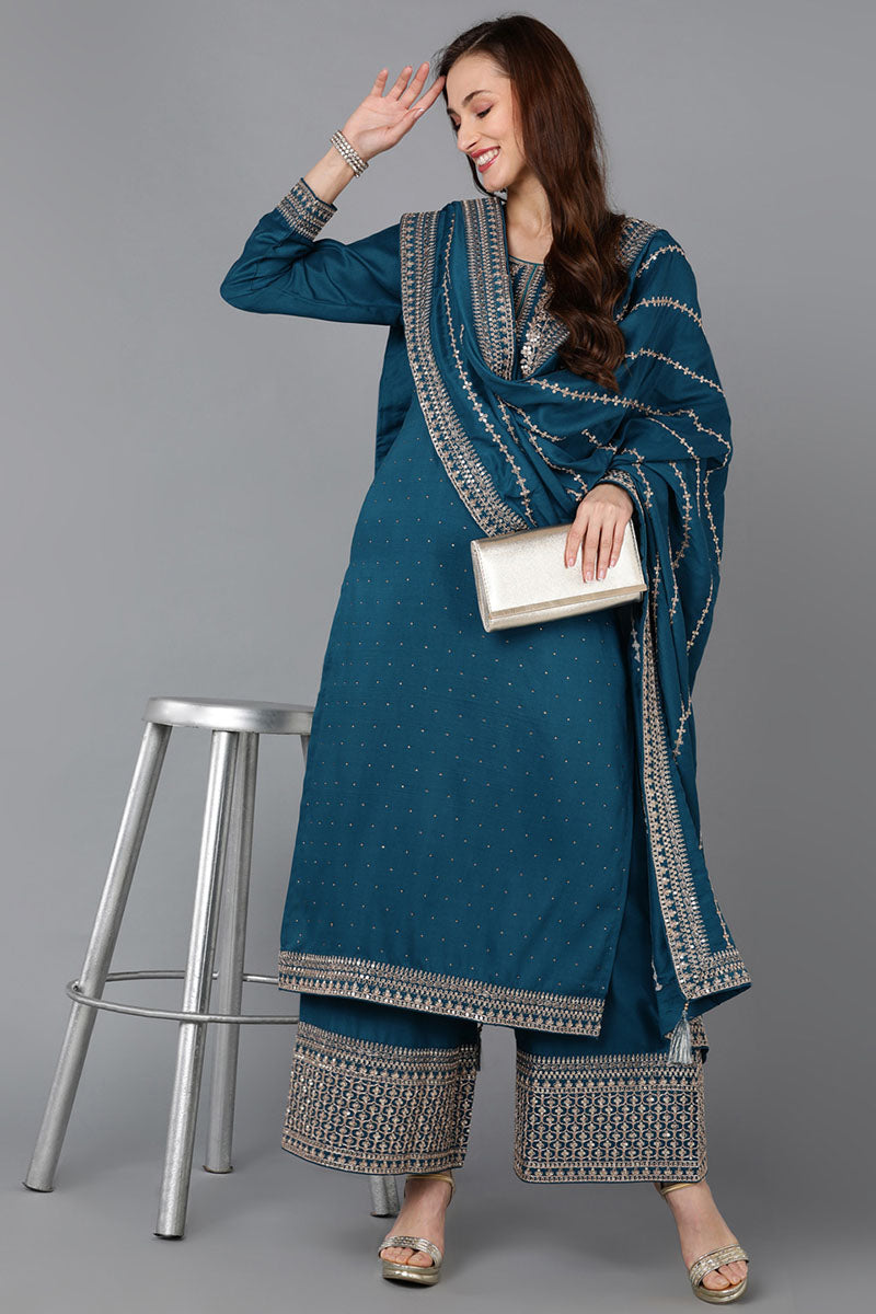 Teal Silk Blend Straight Kurta Palazzo With Dupatta PKSKD1861