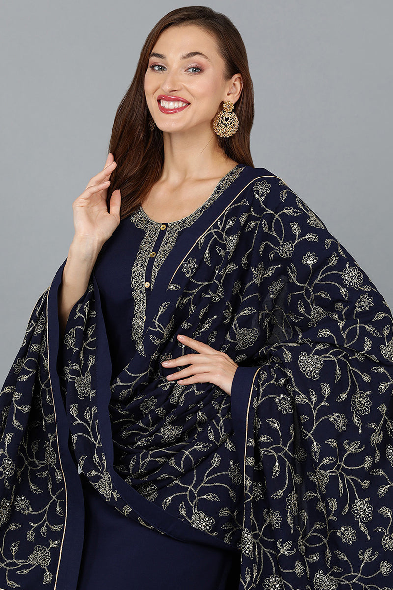 Navy Blue Poly Georgette Straight Kurta Palazzo With Dupatta PKSKD1877