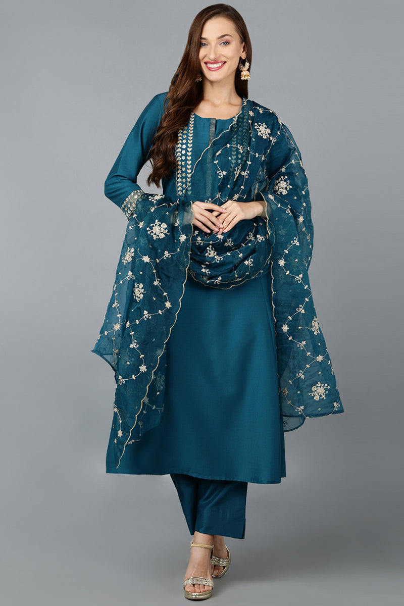 Turquoise Blue Silk Blend Straight Kurta Pant With Dupatta PKSKD1901