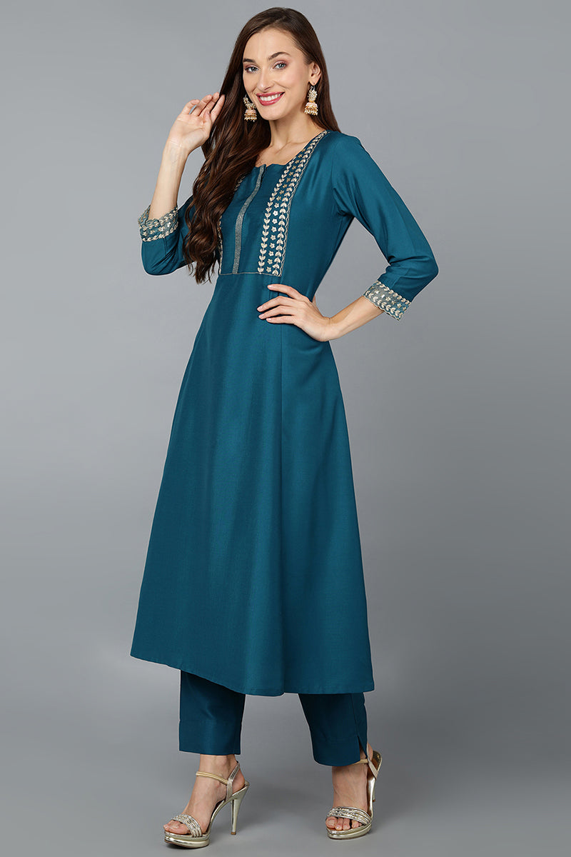 Turquoise Blue Silk Blend Straight Kurta Pant With Dupatta PKSKD1901