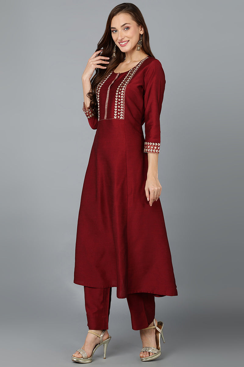 Maroon Silk Blend Straight Kurta Pant With Dupatta PKSKD1902