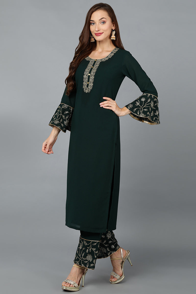 Green Poly Georgette Straight Kurta Palazzo With Dupatta PKSKD1909