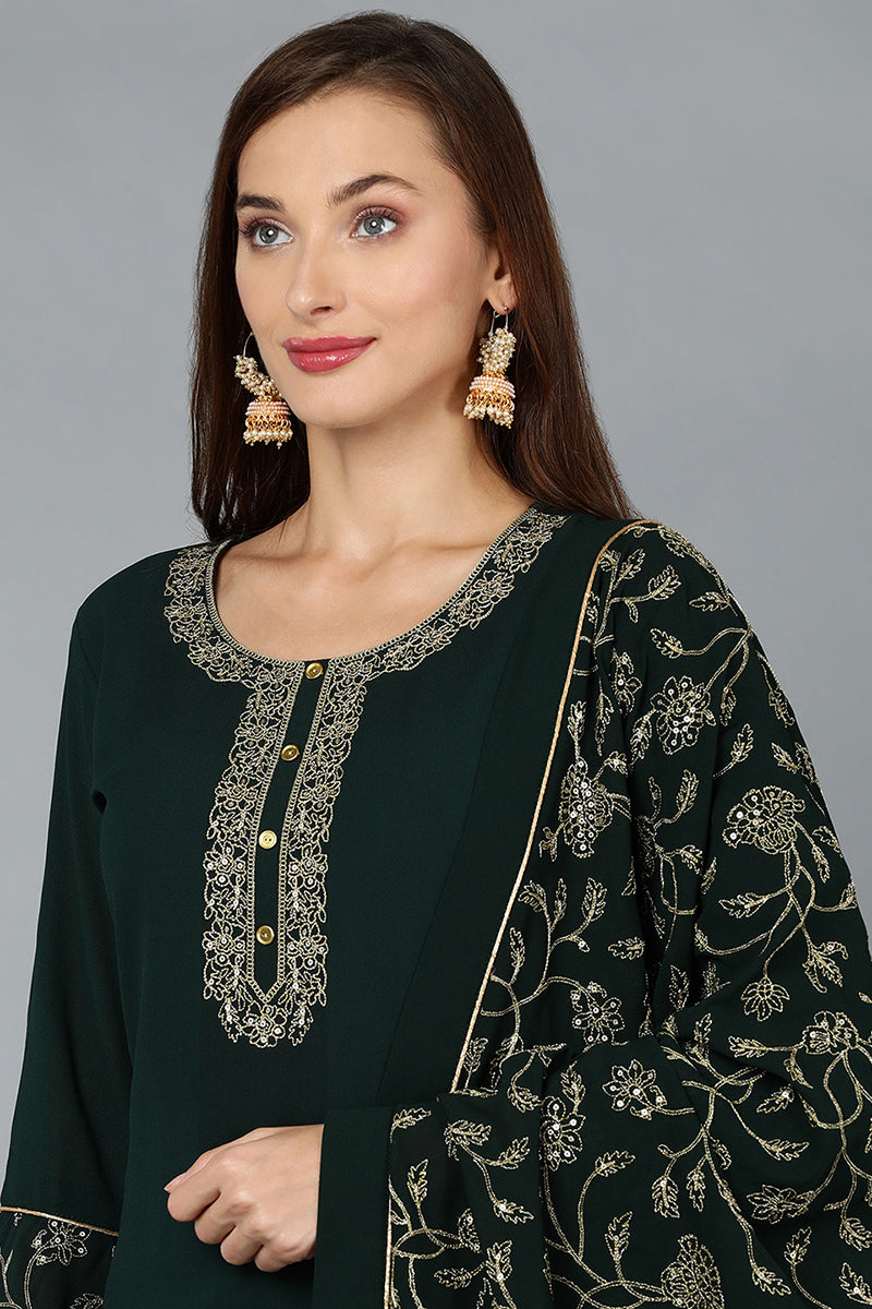 Green Poly Georgette Straight Kurta Palazzo With Dupatta PKSKD1909