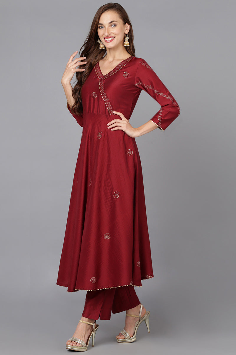 Maroon Silk Blend Anarkali Woven Design Kurta Pant With Dupatta PKSKD1915