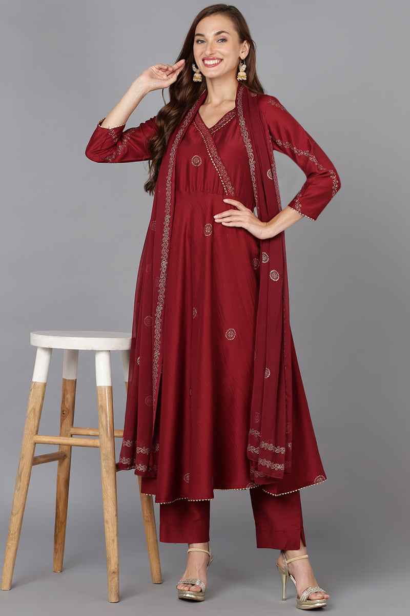 Maroon Silk Blend Anarkali Woven Design Kurta Pant With Dupatta PKSKD1915