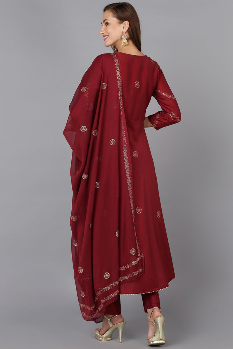 Maroon Silk Blend Anarkali Woven Design Kurta Pant With Dupatta PKSKD1915