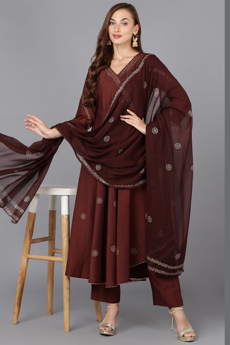 Maroon Silk Blend Anarkali Woven Design Kurta Pant With Dupatta PKSKD1917