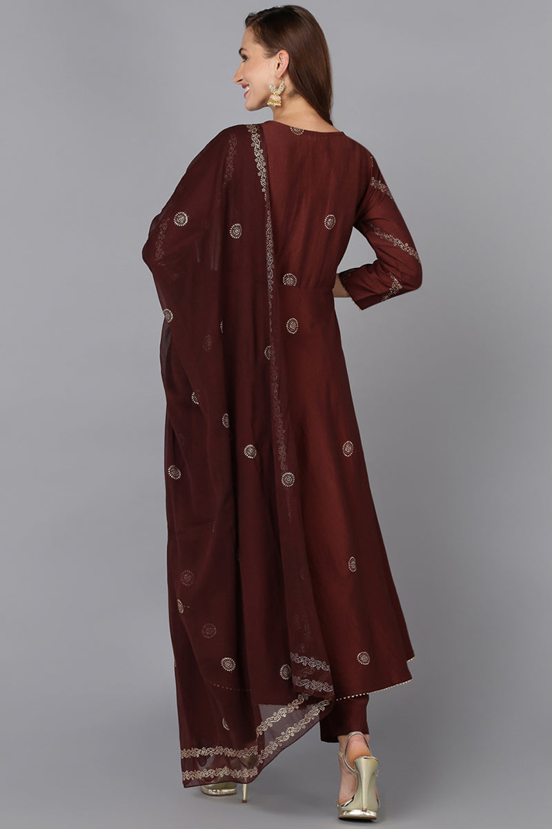 Maroon Silk Blend Anarkali Woven Design Kurta Pant With Dupatta PKSKD1917