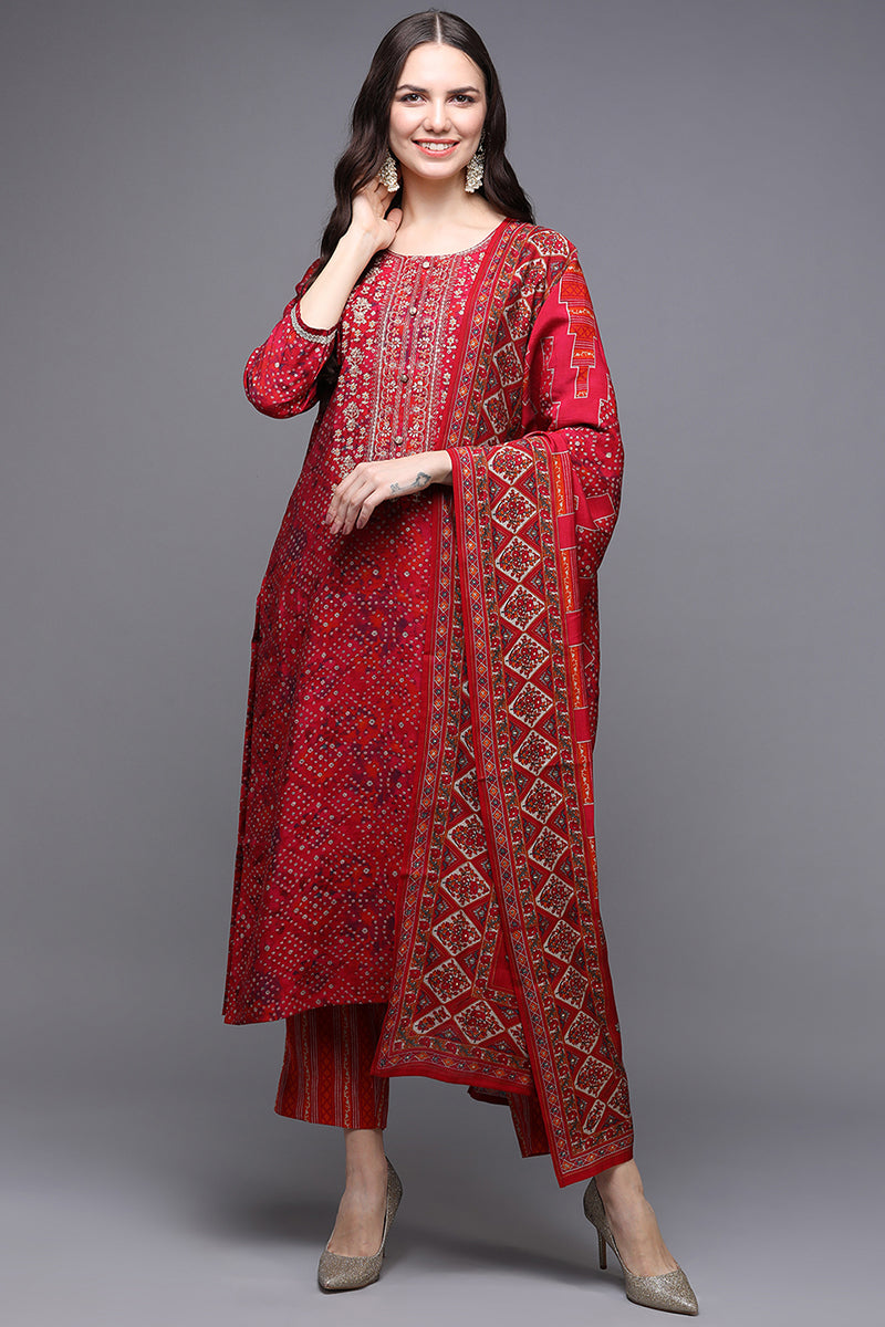 Red Silk Blend Bandhani  Straight Suit Set PKSKD1978