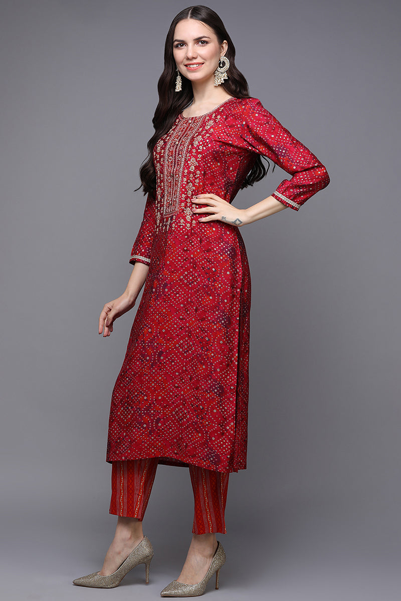 Red Silk Blend Bandhani  Straight Suit Set PKSKD1978