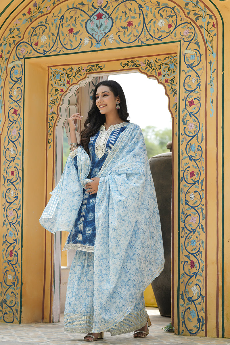 Ahika Women Blue Cotton Embroidered Kurta Sharara With Dupatta