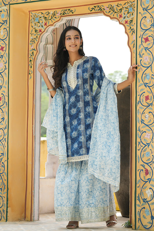 Ahika Women Blue Cotton Embroidered Kurta Sharara With Dupatta