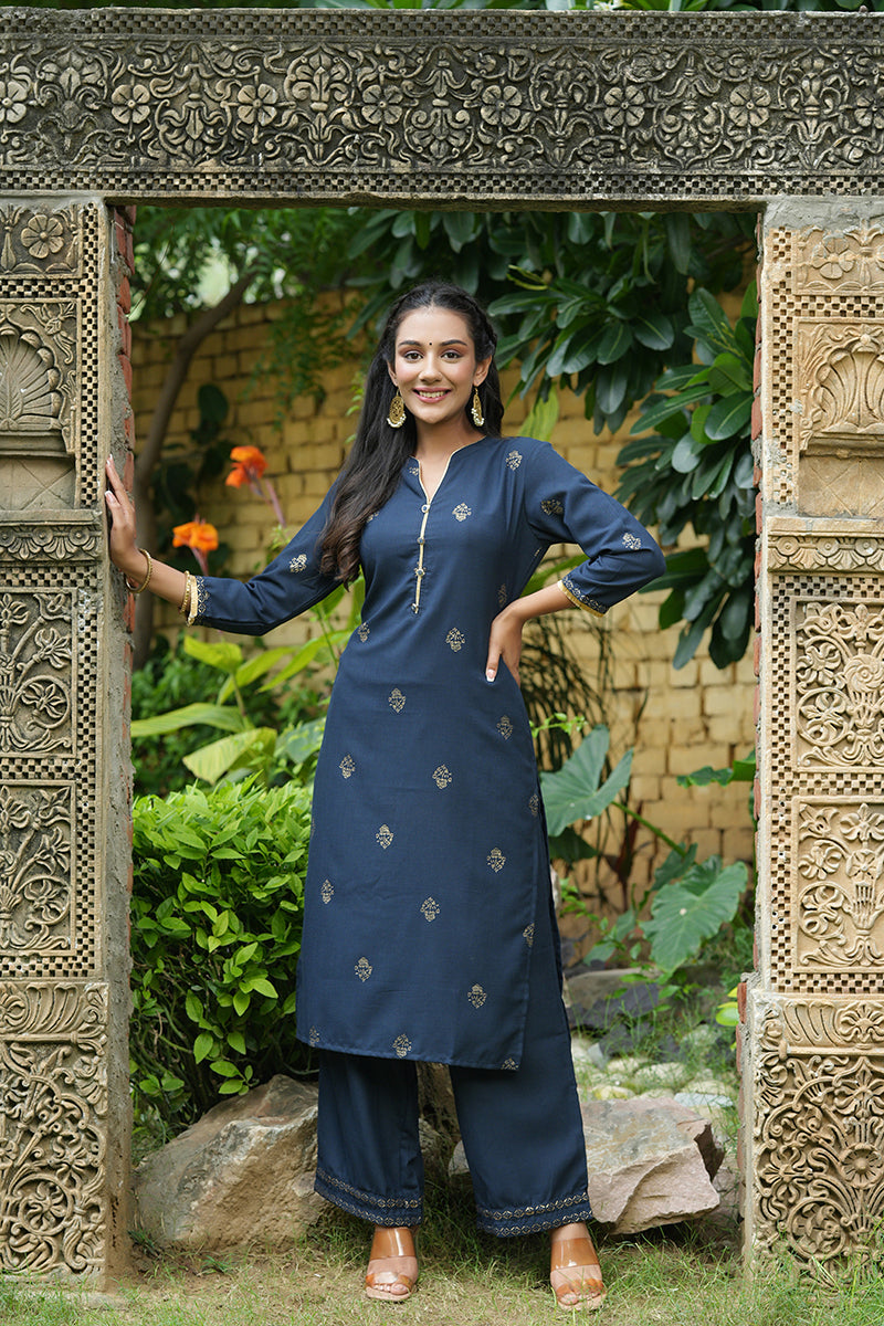 Navy Blue Poly Silk Straight Kurta Set PKSET1098