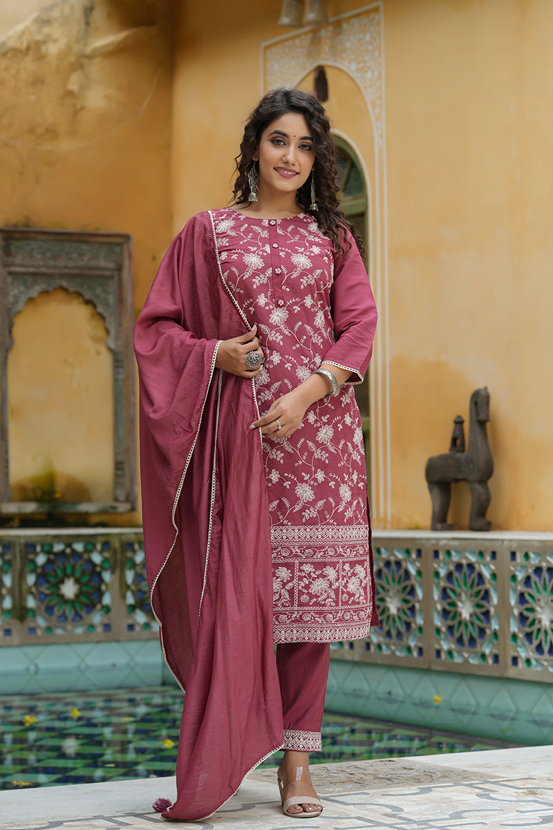 Mauve Poly Silk Embroidered Suit Set PKSKD1348