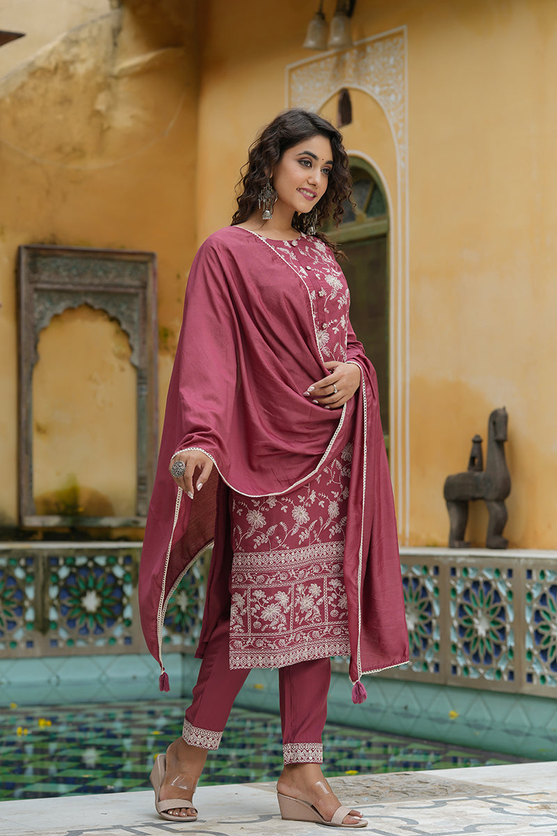 Mauve Poly Silk Embroidered Suit Set PKSKD1348