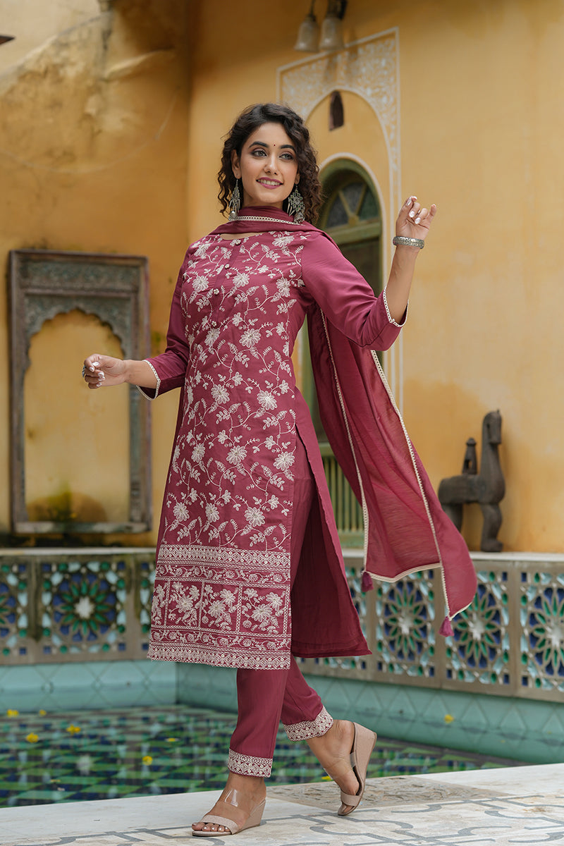 Mauve Poly Silk Embroidered Suit Set PKSKD1348