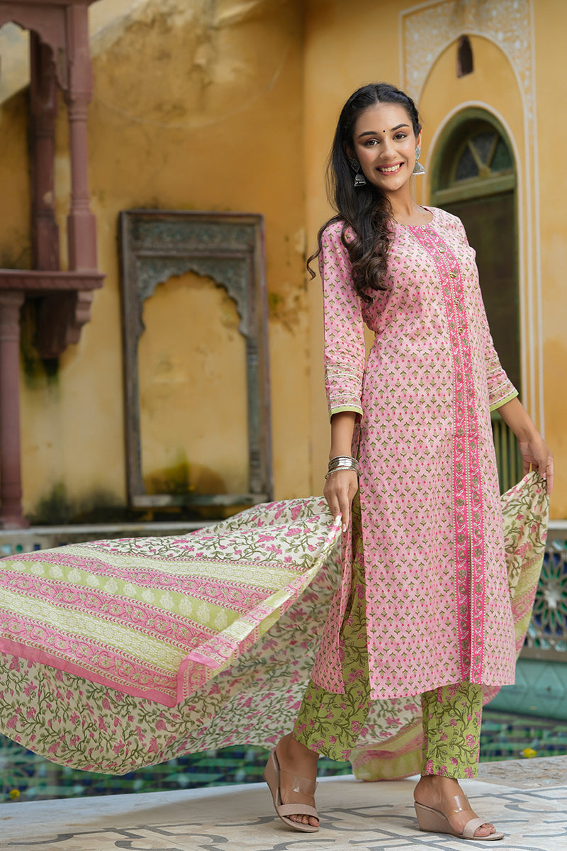 Pink Ethnic Motifs Printed Regular Pure Cotton Kurta Set – Ahika