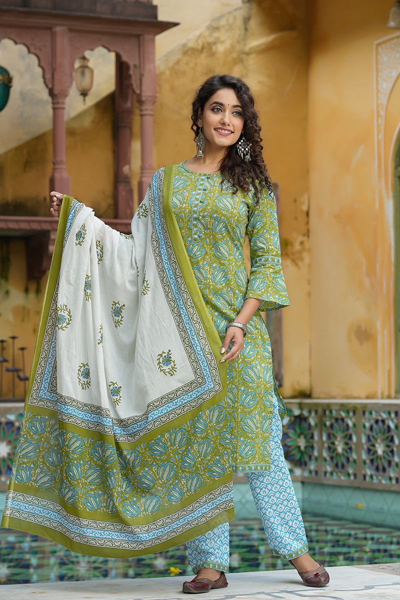 Green Pure Cotton Straight Suit Set VKSKD1266A