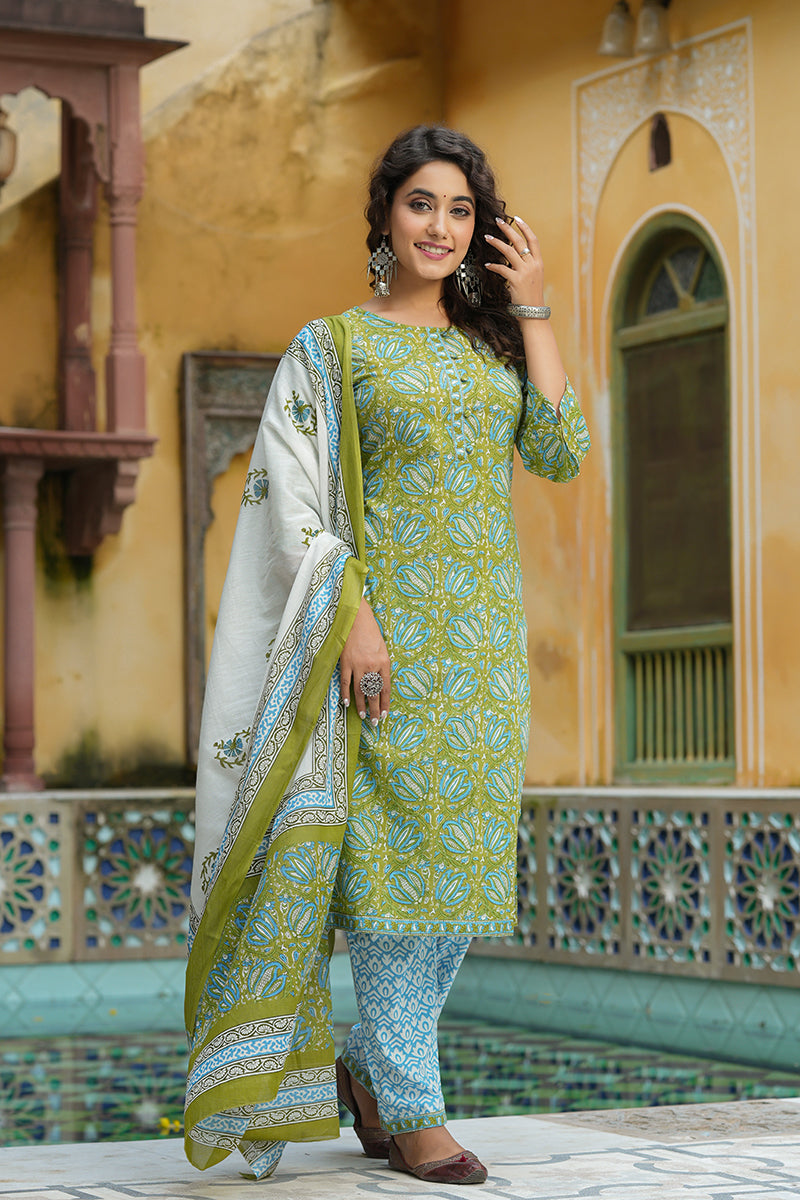 Green Pure Cotton Straight Suit Set VKSKD1266A