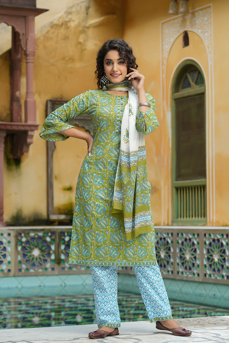 Green Pure Cotton Straight Suit Set VKSKD1266A