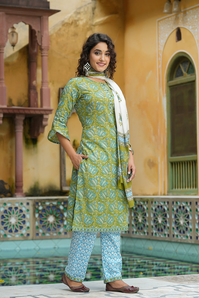 Green Pure Cotton Straight Suit Set VKSKD1266A