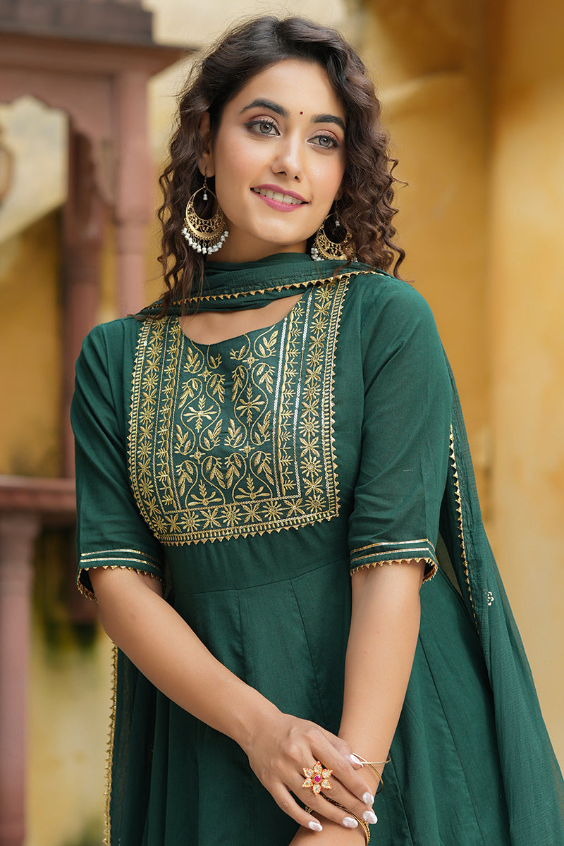 Green Silk Blend Embroidered Anarkali Suit Set VKSKD1218