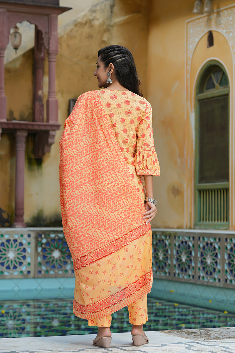 Orange Pure Cotton Straight Kurta Pant With Dupatta VKSKD1264