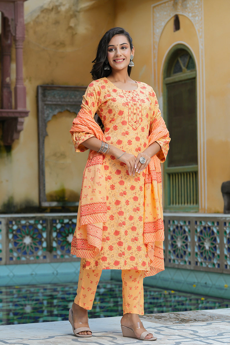 Orange Pure Cotton Straight Kurta Pant With Dupatta VKSKD1264