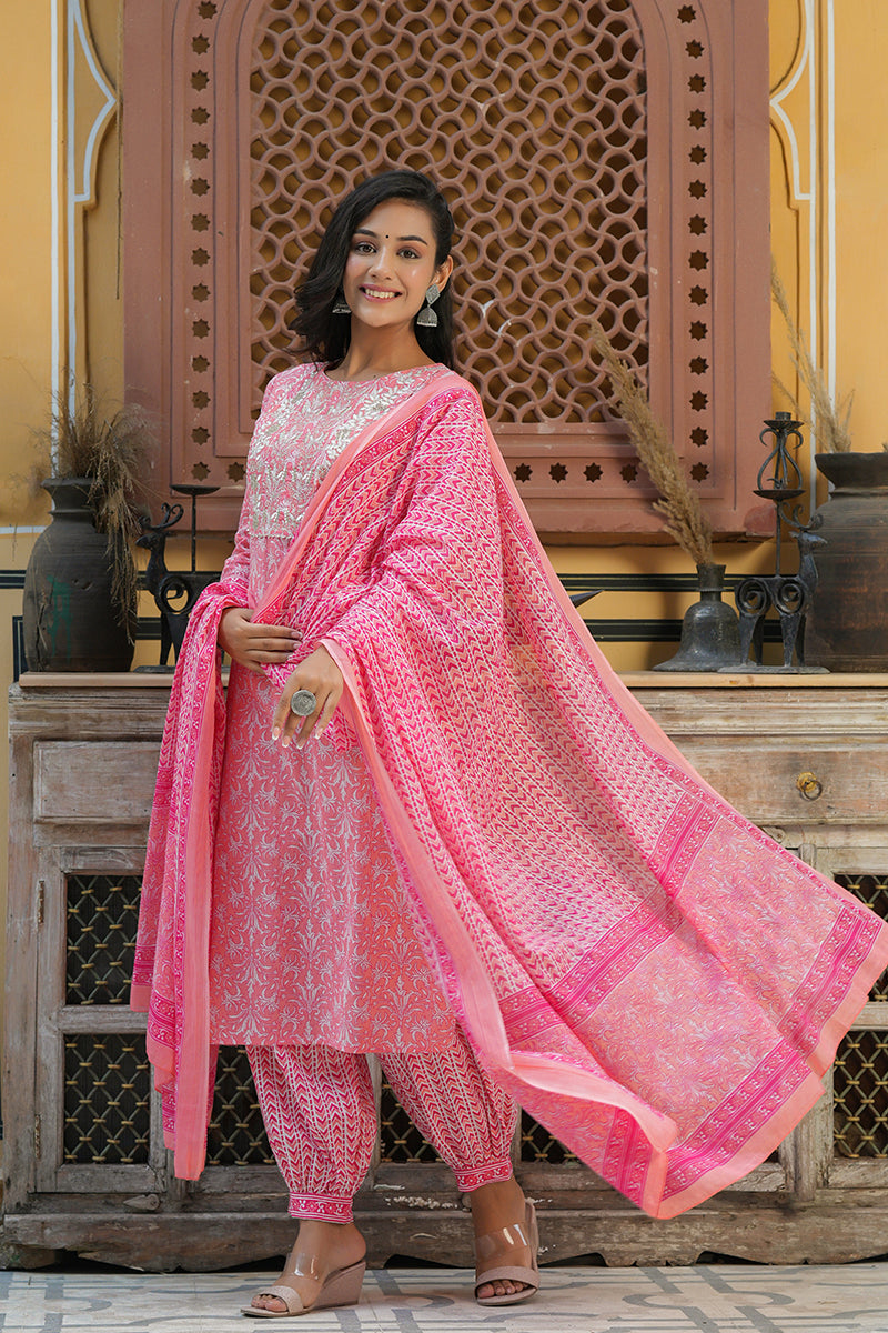 Ahika Women Cotton Pink Embroidered Work Straight Kurta Pant Dupatta Set