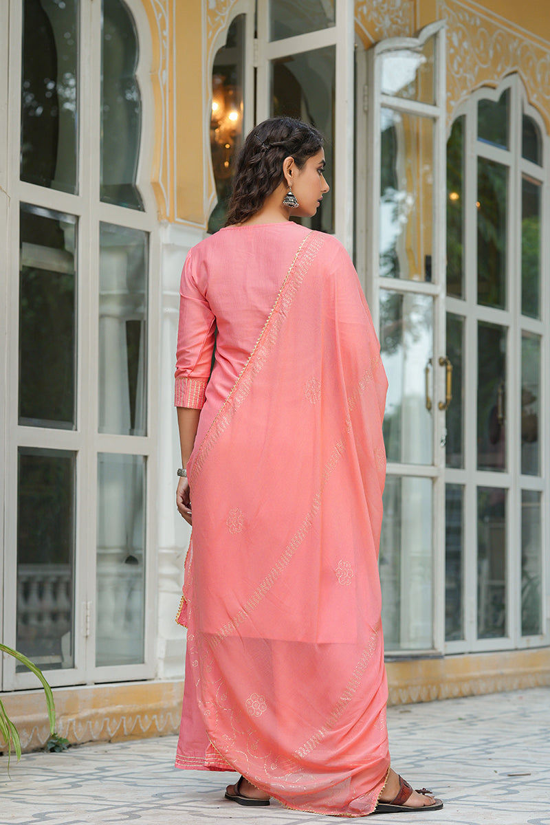 AHIKA Women Peach-Coloured Yoke Design Pure Cotton Kurta with Palazzos Dupatta