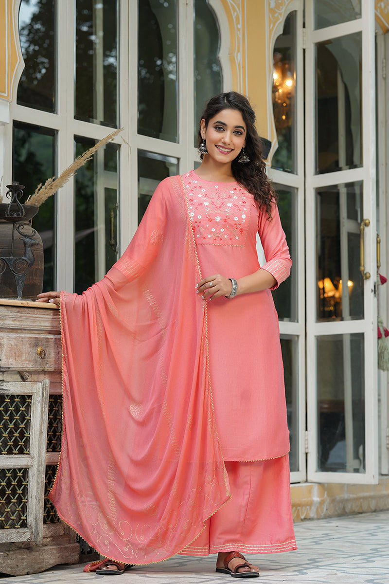 AHIKA Women Peach-Coloured Yoke Design Pure Cotton Kurta with Palazzos Dupatta