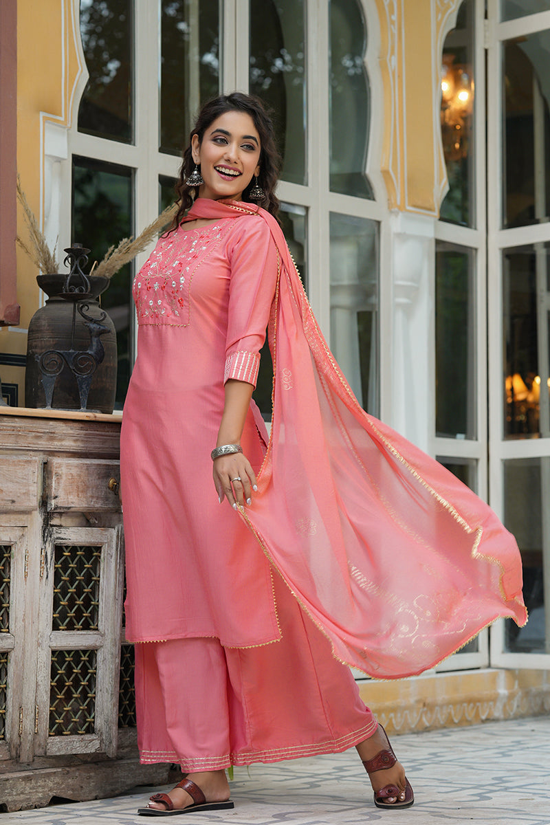 AHIKA Women Peach-Coloured Yoke Design Pure Cotton Kurta with Palazzos Dupatta