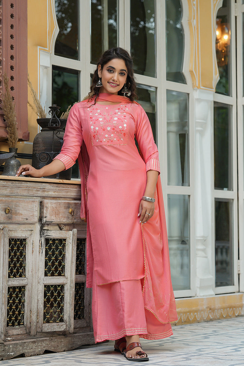 AHIKA Women Peach-Coloured Yoke Design Pure Cotton Kurta with Palazzos Dupatta