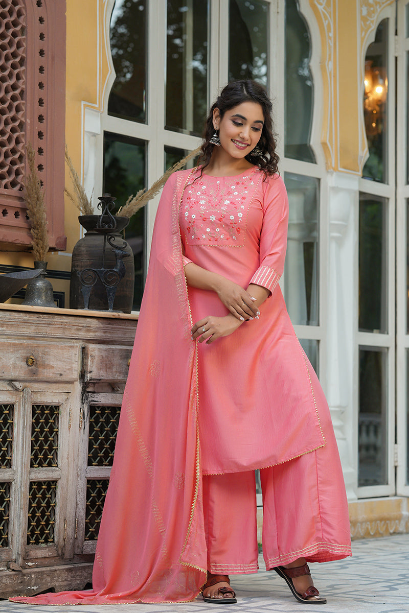 AHIKA Women Peach-Coloured Yoke Design Pure Cotton Kurta with Palazzos Dupatta