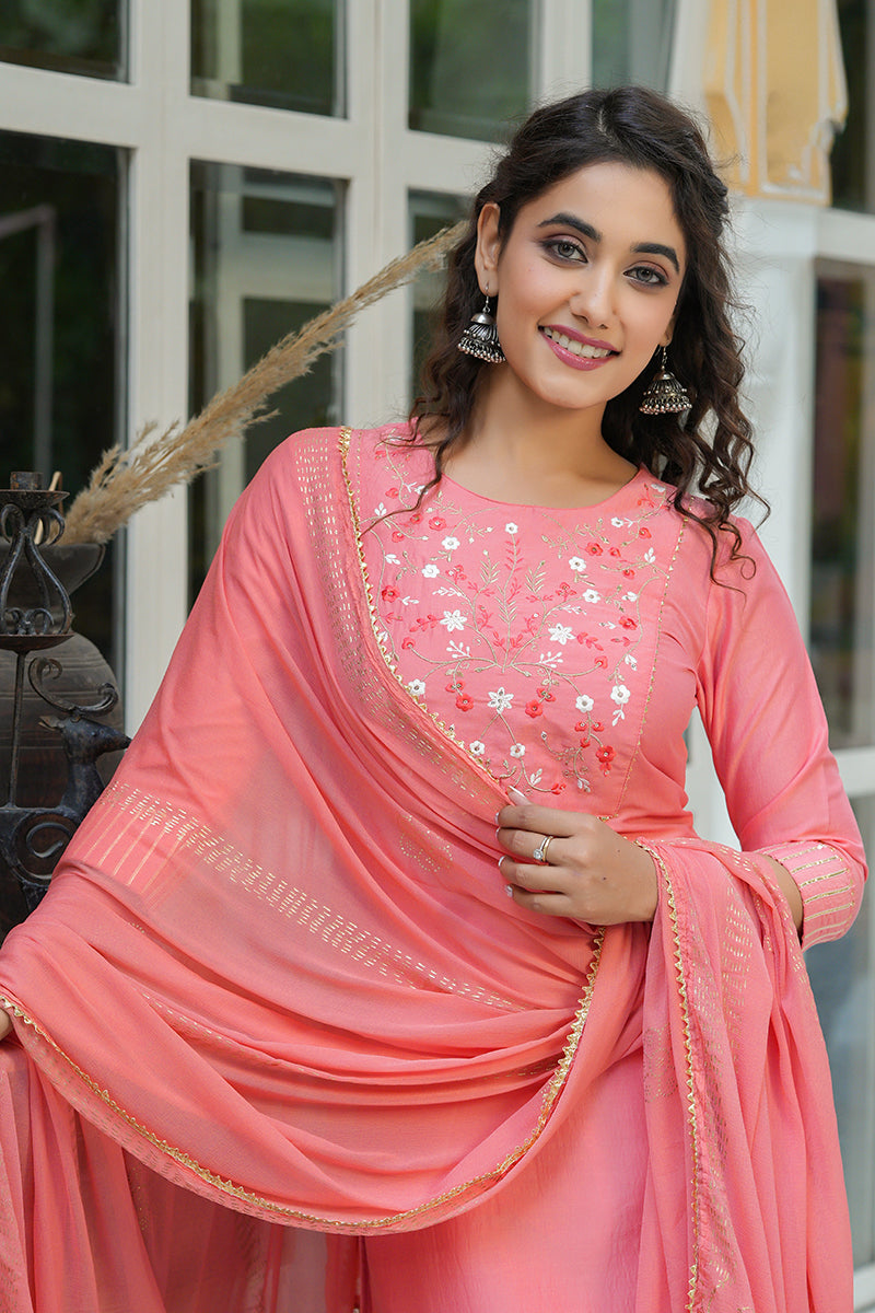 AHIKA Women Peach-Coloured Yoke Design Pure Cotton Kurta with Palazzos Dupatta