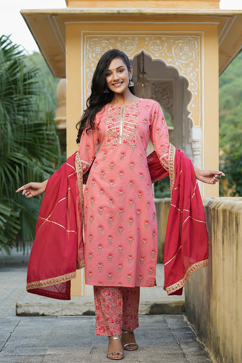 Pink Pure Cotton Straight Suit Set VKSKD1351