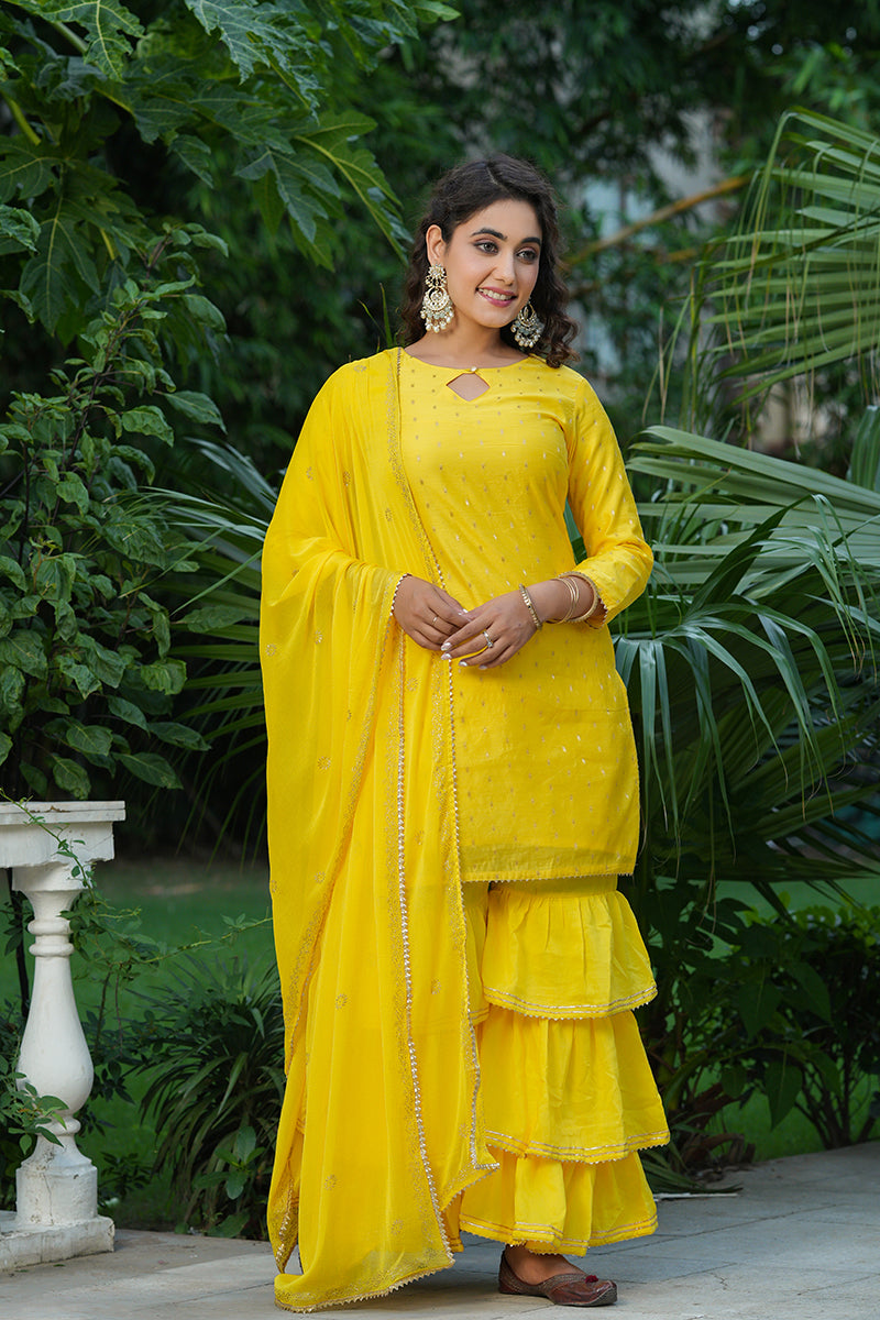 Yellow Poly Chanderi Straight Sharara Suit Set PKSKD1304