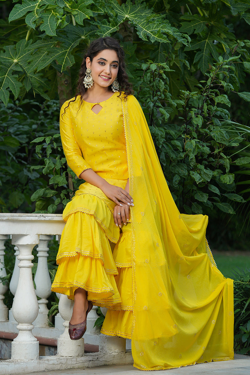 Yellow Poly Chanderi Straight Sharara Suit Set PKSKD1304