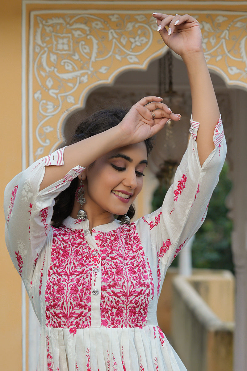 Off White & Pink Floral Printed Indian Straight Kurta Kurti Dress Women  Tunic | eBay