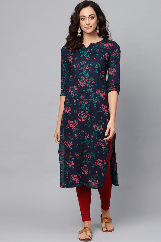 Women Navy Blue and Pink floral Printed Blue Poly Cotton Fabric Kurti