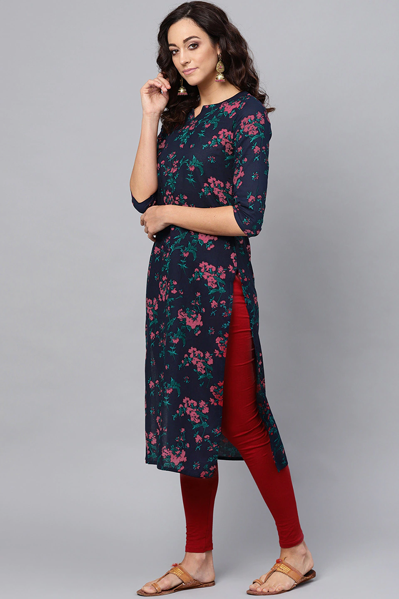 Women Navy Blue and Pink floral Printed Blue Poly Cotton Fabric Kurti