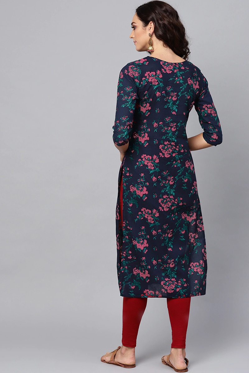 Women Navy Blue and Pink floral Printed Blue Poly Cotton Fabric Kurti