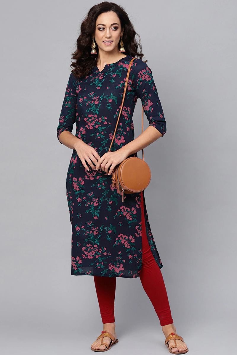 Women Navy Blue and Pink floral Printed Blue Poly Cotton Fabric Kurti