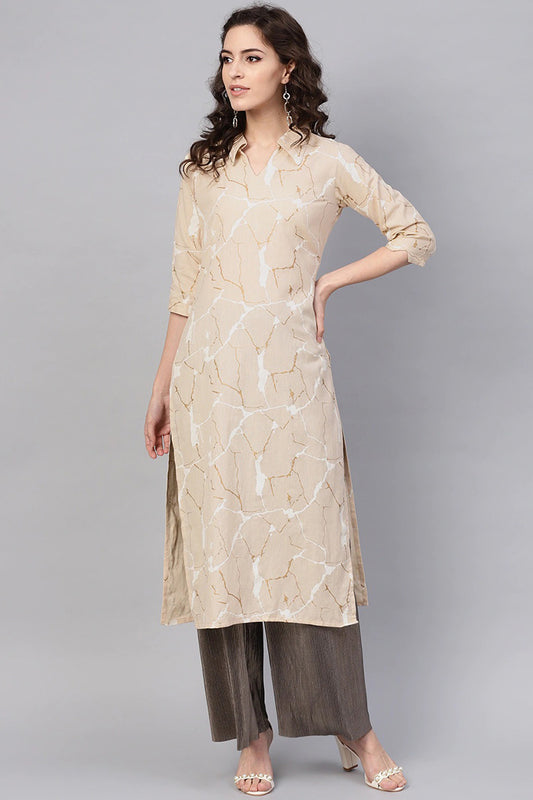 Ahika Women Casual Wear Cotton Fabric Beige Color Printed Trendy Kurti